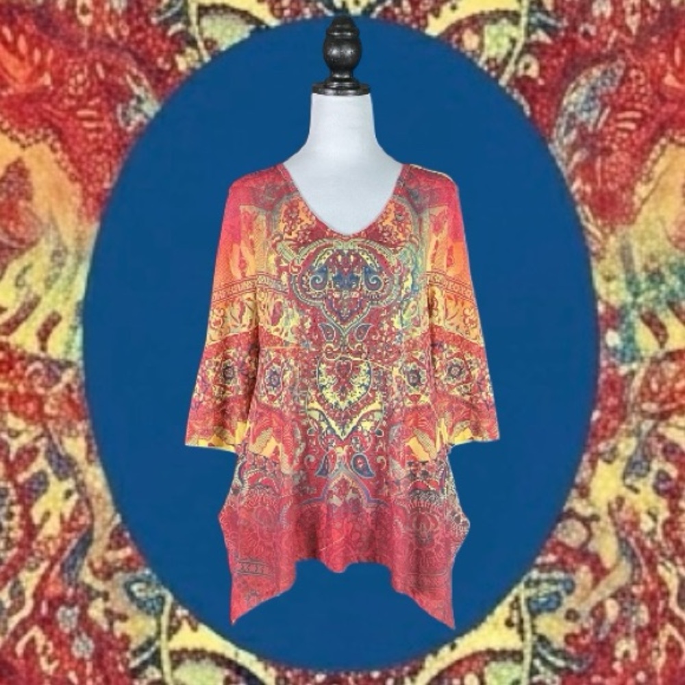 One World Boho Multicolored Mandala Paisley Rhinestone 3/4 Sleeve Tunic Top M